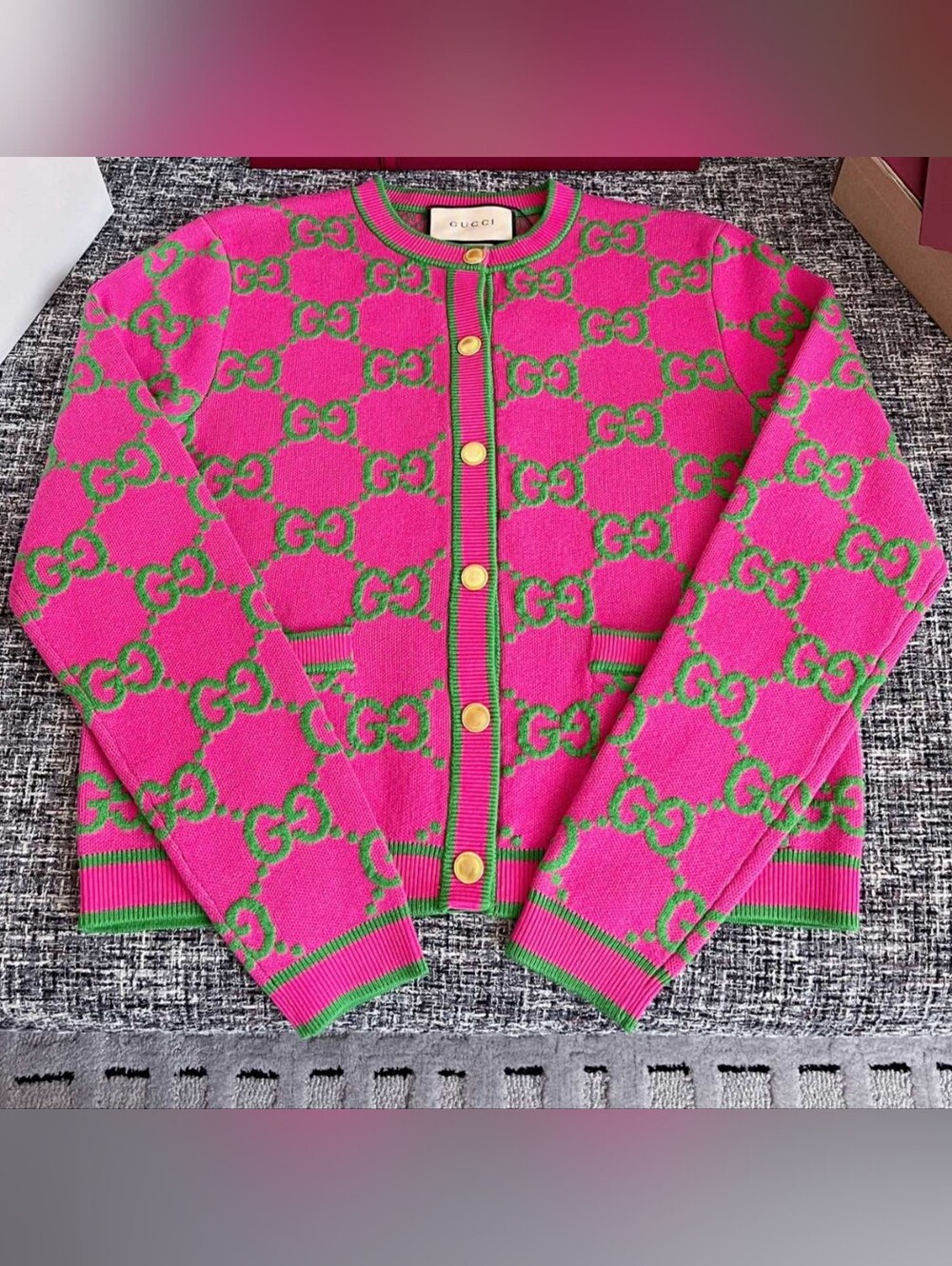 Gucci Pink & Green GG Logo Cardigan Sweater